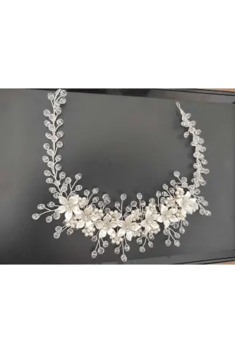 Duvak Kelin Xina To'y Va Nosh Taji Marvarid Kristall Boncuk To'liq Qo'lda Yasalgan-QOR OQ 