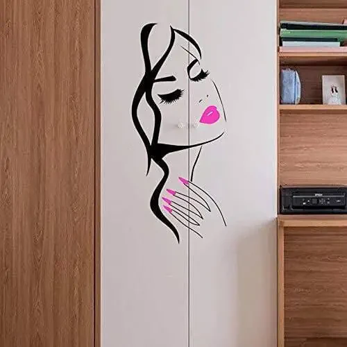 Beauty Salon Wall Decal – Girl Face & Red Lips Art Sticker for Barber Shop, Nail Salon, and Home Decor – Removable Vinyl Mural for Hairstyle Decoration M-73 (Black +Pink Lips, 40X90CM) - 5