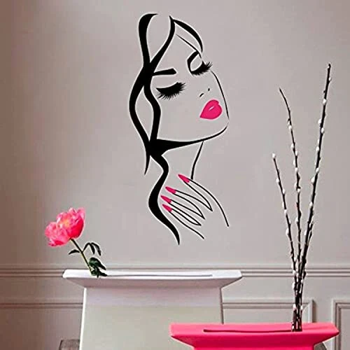 Beauty Salon Wall Decal – Girl Face & Red Lips Art Sticker for Barber Shop, Nail Salon, and Home Decor – Removable Vinyl Mural for Hairstyle Decoration M-73 (Black +Pink Lips, 40X90CM) - YOYOYU ART HOME DECOR