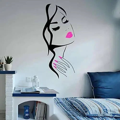 Beauty Salon Wall Decal – Girl Face & Red Lips Art Sticker for Barber Shop, Nail Salon, and Home Decor – Removable Vinyl Mural for Hairstyle Decoration M-73 (Black +Pink Lips, 40X90CM) - 3