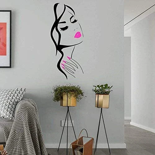 Beauty Salon Wall Decal – Girl Face & Red Lips Art Sticker for Barber Shop, Nail Salon, and Home Decor – Removable Vinyl Mural for Hairstyle Decoration M-73 (Black +Pink Lips, 40X90CM) - 4