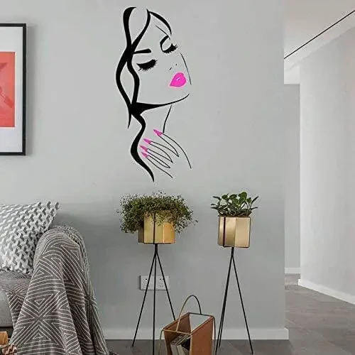 Beauty Salon Wall Decal – Girl Face & Red Lips Art Sticker for Barber Shop, Nail Salon, and Home Decor – Removable Vinyl Mural for Hairstyle Decoration M-73 (Black +Pink Lips, 40X90CM) - 4
