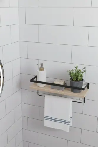 Duvar Rafı Metal Ahşap Banyo Düzenleyici | Havluluk Banyo Rafı Dekoratif Duvar Rafı Çok Amaçlı-AHŞAP TEK ASKILI - 3