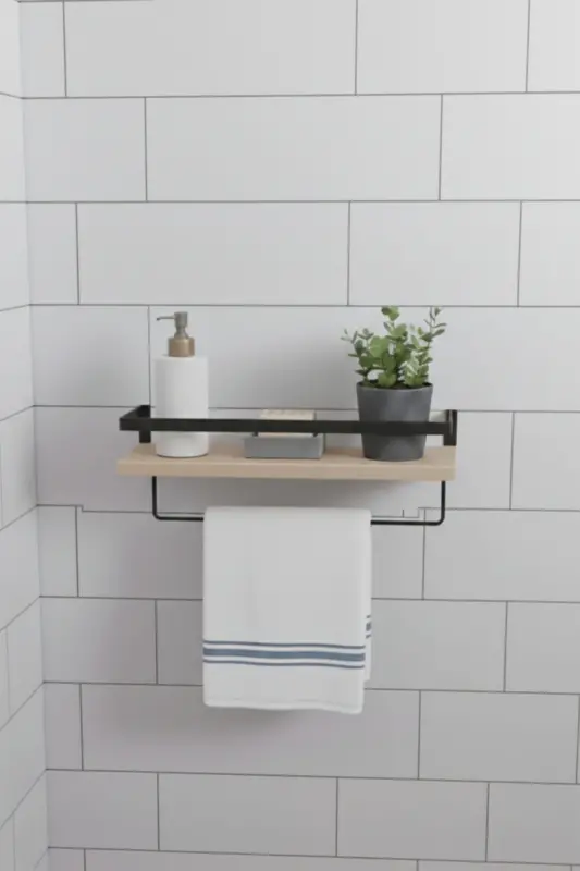 Duvar Rafı Metal Ahşap Banyo Düzenleyici | Havluluk Banyo Rafı Dekoratif Duvar Rafı Çok Amaçlı-AHŞAP TEK ASKILI - 4