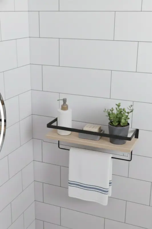 Duvar Rafı Metal Ahşap Banyo Düzenleyici | Havluluk Banyo Rafı Dekoratif Duvar Rafı Çok Amaçlı-AHŞAP TEK ASKILI - 3