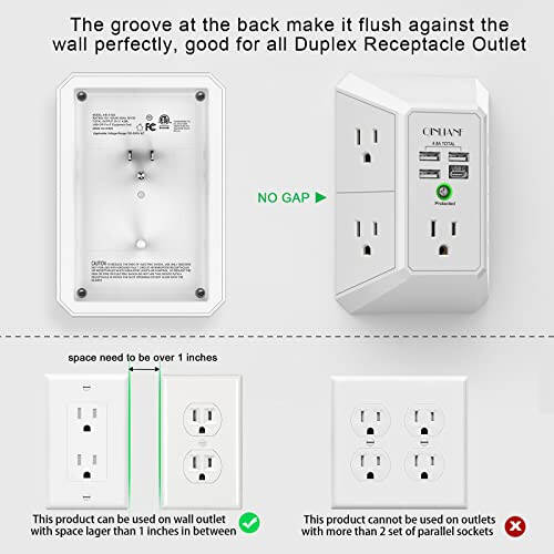 Duvar Şarj Cihazı, Akım Koruyucu, QINLIANF 5 Çıkışlı Uzatma Kablosu 4 USB Şarj Portu (Toplam 4.8A) 3 Yönlü 1680J Güç Şeridi Çoklu Fiş Adaptörü Ev Seyahat Ofis İçin Aralıklı (3U1C) - 3