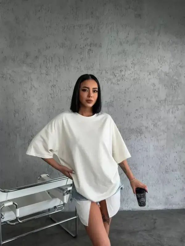 Düz Biskilet Yaka  T-shirt - Beyaz - BÜYÜKBEDENIZ