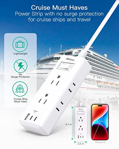 Flat Plug Extension Cord, 5 ft Ultra Thin Flat Power Strip - 6 Outlets 3 USB Ports (2 USB C) 3 Side Outlet Extender, Power Strip with No Surge Protection for Cruise, Travel, Dorm Essentials - 6