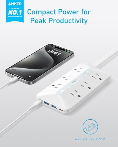 Anker Flat Plug Power Strip(300J), 20W USB C Power Strip, 10-in-1 Ultra Thin Power Strip with 6 AC, 2 USB A/2 USB C,5feet Extension Cord, Desk Charging Station,Home Office College Dorm Essentials - 2