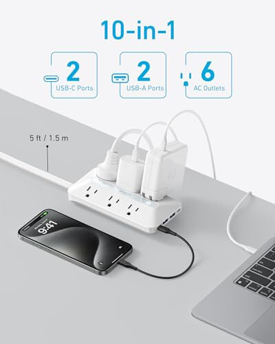 Anker Flat Plug Power Strip(300J), 20W USB C Power Strip, 10-in-1 Ultra Thin Power Strip with 6 AC, 2 USB A/2 USB C,5feet Extension Cord, Desk Charging Station,Home Office College Dorm Essentials - 3