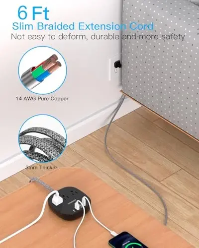 Flat Plug Power Strip, 5ft Flat Extension Cord - 3 Outlets 4 USB Ports (2 USB C) 22.5W/4.5A Desktop Charging Station, Power Strip No Surge Protection for Cruise Ship, Dorm Room Travel Essentials - BK - 1