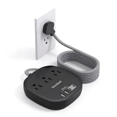 Flat Plug Power Strip, 5ft Ultra Flat Extension Cord - 3 Outlets 4 USB Ports (2 USB C) 22.5W/4.5A Desktop Charging Station, No Surge Protection for Cruise Ship, Dorm Room Travel Essentials - ONE BEAT
