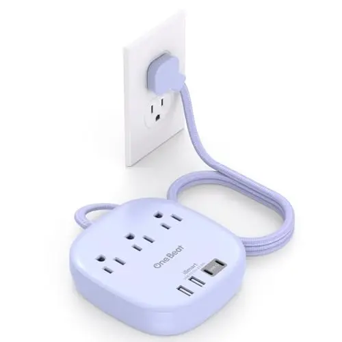 Flat Plug Power Strip, 6ft Purple Flat Extension Cord -3 Outlets 4 USB Ports (2 USBC) 22.5W/4.5A Desktop Charging Station, Power Strip No Surge Protection for Cruise Ship Dorm Room Travel Essentials - ONE BEAT
