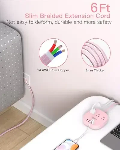 Flat Plug Power Strip, 6ft Pink Flat Extension Cord - 3 Outlets 4 USB Ports (2 USB C) 22.5W/4.5A Desktop Charging Station, Power Strip No Surge Protection for Cruise Ship, Dorm Room Travel Essentials - 2