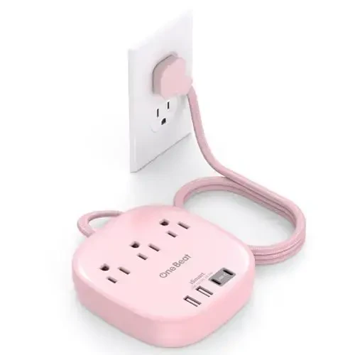 Flat Plug Power Strip, 6ft Pink Flat Extension Cord - 3 Outlets 4 USB Ports (2 USB C) 22.5W/4.5A Desktop Charging Station, Power Strip No Surge Protection for Cruise Ship, Dorm Room Travel Essentials - 3