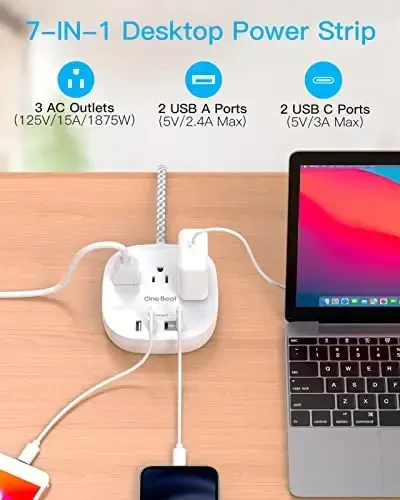 Flat Plug Power Strip, Short Extension Cord 1 Ft - 3 Outlets 4 USB Ports (2 USB C) 22.5W/4.5A Desktop Charging Station, Power Strip No Surge Protection for Cruise Ship, Dorm Room Travel Essentials - 3