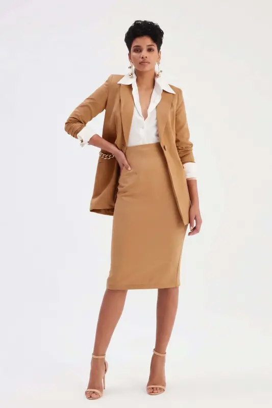 Düz Kalem Etek - Açık Camel - AÇIK CAMEL - SATEEN