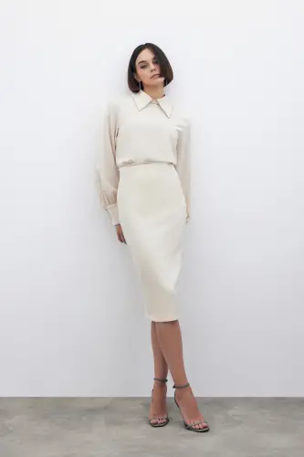 Düz Kalem Etek - Bej-BEJ - SATEEN (1)