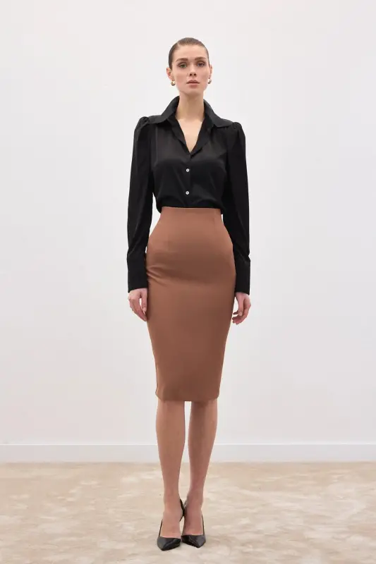 Düz Kalem Etek - Camel-CAMEL - SATEEN