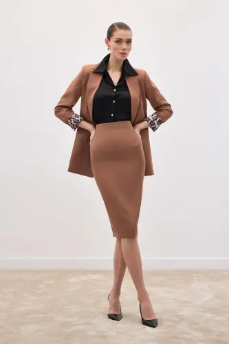 Düz Kalem Etek - Camel - CAMEL - SATEEN (1)