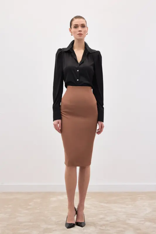 Düz Kalem Etek - Camel - CAMEL - SATEEN