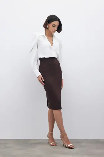 Düz Kalem Etek - Kahve-KAHVE - SATEEN (1)