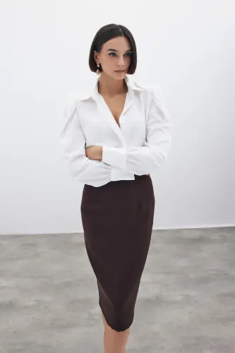 Düz Kalem Etek - Kahve-KAHVE - 3