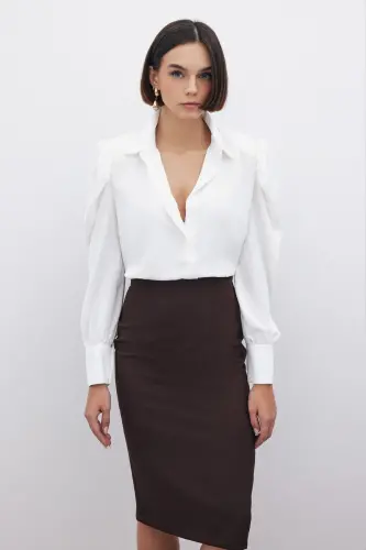 Düz Kalem Etek - Kahve-KAHVE - 4