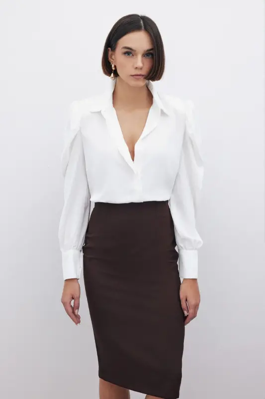 Düz Kalem Etek - Kahve-KAHVE - 4