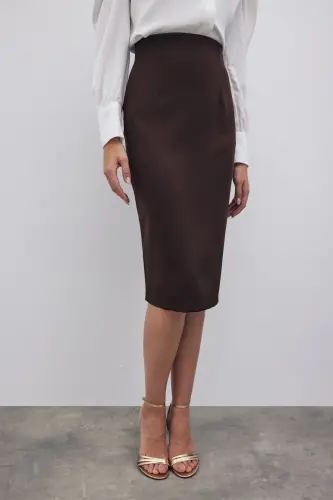 Düz Kalem Etek - Kahve-KAHVE - 5