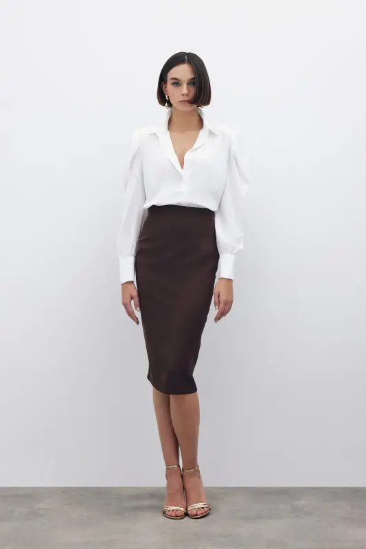 Düz Kalem Etek - Kahve-KAHVE - SATEEN