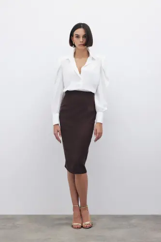 Düz Kalem Etek - Kahve-KAHVE 