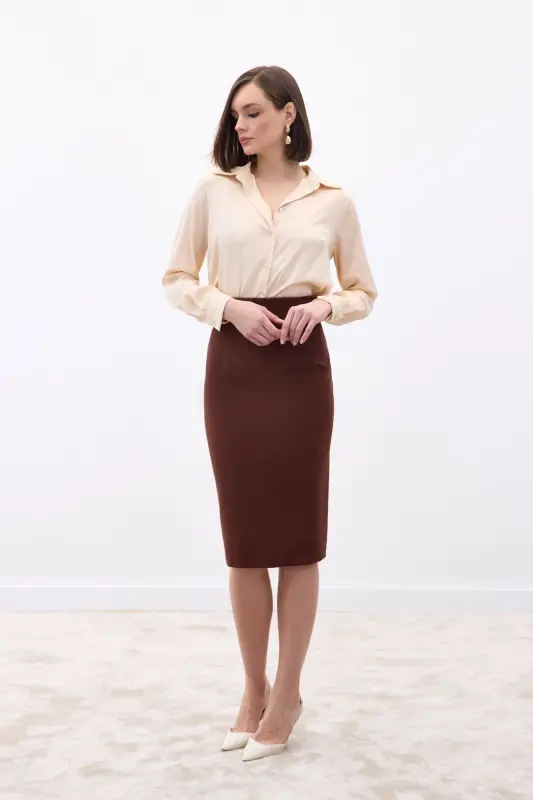Düz Kalem Etek - Kahve - KAHVE - 5