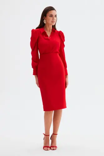 Düz Kalem Etek - Kırmızı-KIRMIZI - SATEEN (1)