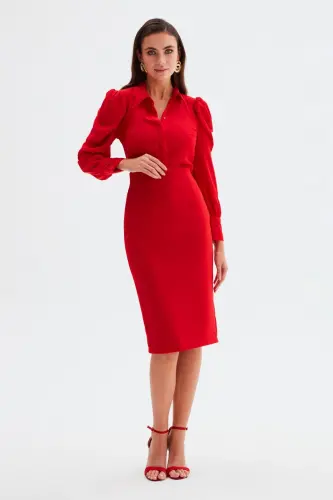 Düz Kalem Etek - Kırmızı-KIRMIZI - 3