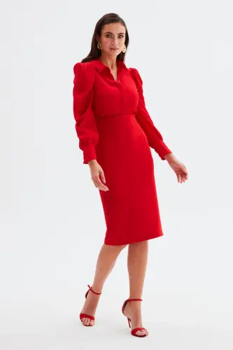 Düz Kalem Etek - Kırmızı-KIRMIZI - 4