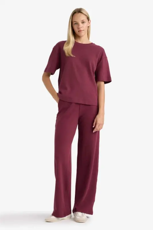 Straight Fit Geniş Bol Paça Basic Düz Cepli Eşofman Altı-Bordo - 2