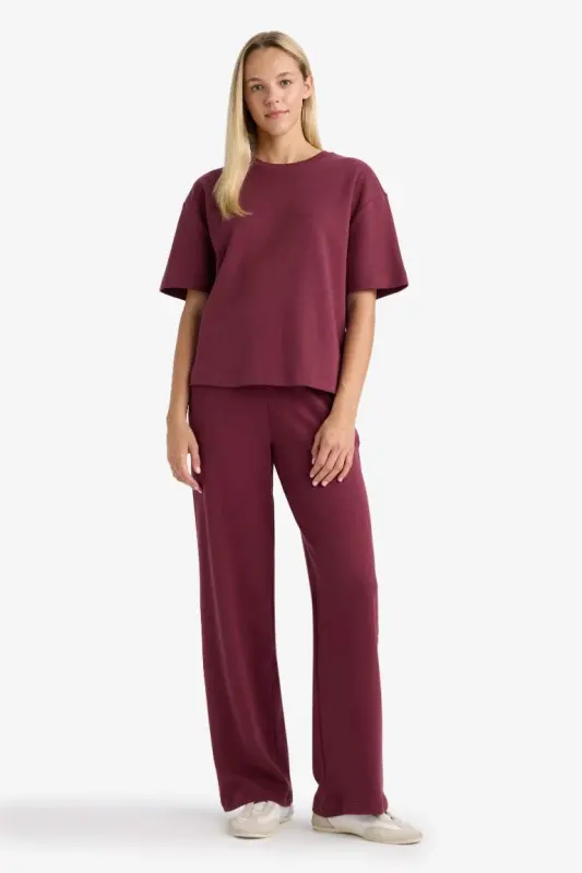 Straight Fit Geniş Bol Paça Basic Düz Cepli Eşofman Altı-Bordo - 3