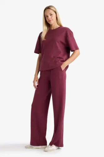 Straight Fit Geniş Bol Paça Basic Düz Cepli Eşofman Altı-Bordo - 4