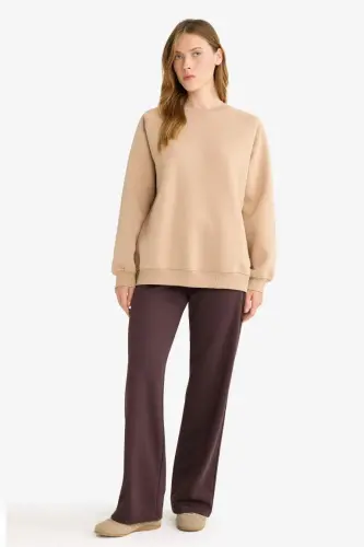 Straight Fit Geniş Bol Paça Basic Düz Cepli Eşofman Altı-Kahve 