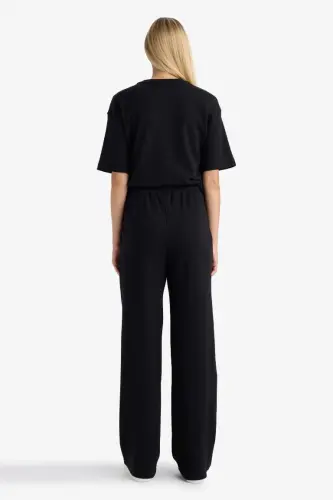 Straight Fit Geniş Bol Paça Basic Düz Cepli Eşofman Altı-Siyah - 6