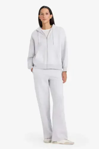 Straight Fit Basic Düz Cepli Yüksek Bel Eşofman Altı-Gri Melanj - 1