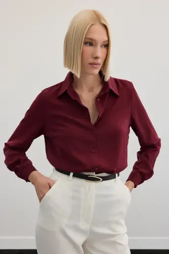 Düz Klasik Gömlek - Bordo-BORDO - 5
