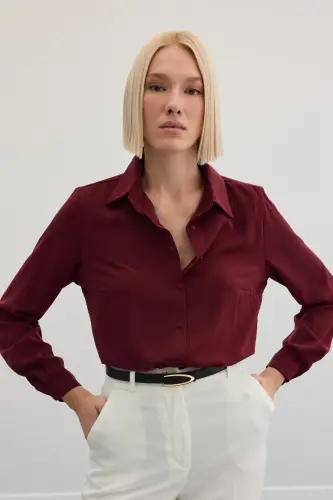 Düz Klasik Gömlek - Bordo-BORDO - 6