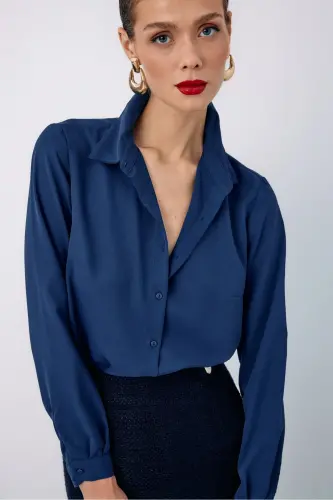 Düz Klasik Gömlek - İndigo-İndigo - 4