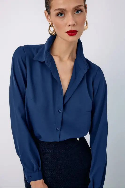 Düz Klasik Gömlek - İndigo-İndigo - 4