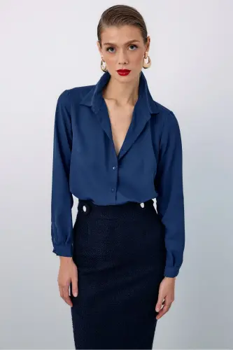 Düz Klasik Gömlek - İndigo-İndigo - SATEEN (1)