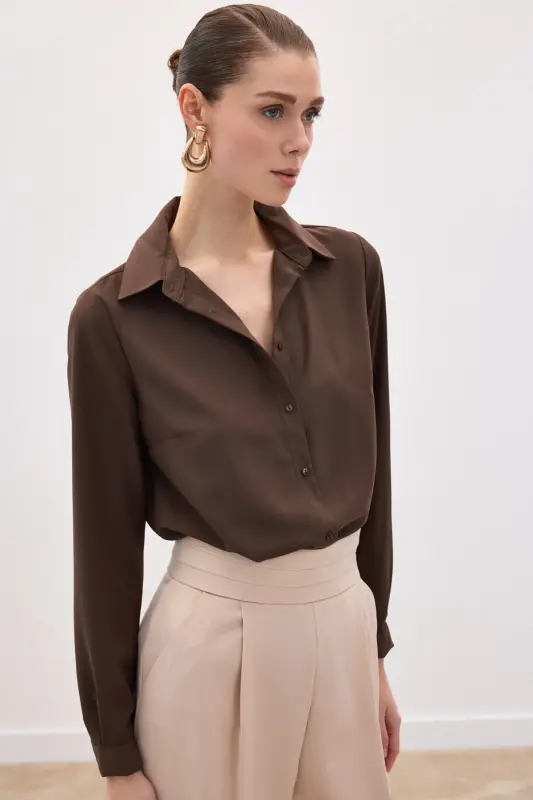 Düz Klasik Gömlek - Kahve-KAHVE - SATEEN