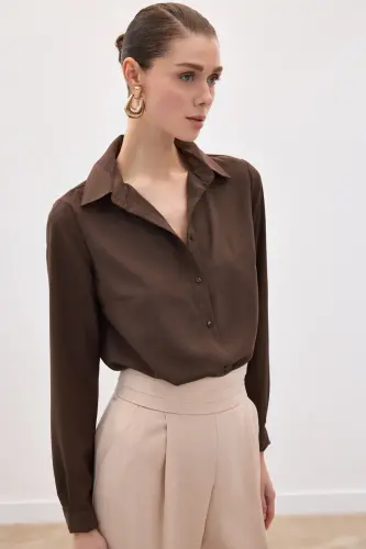 Düz Klasik Gömlek - Kahve-KAHVE - 1