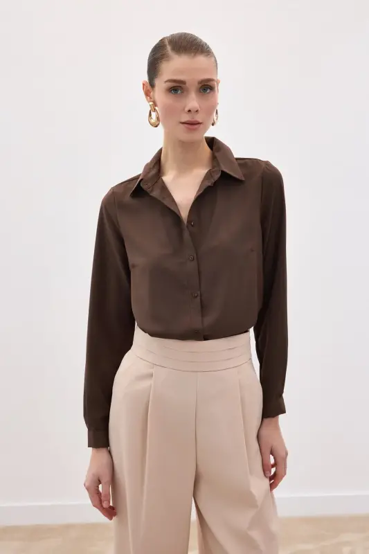 Düz Klasik Gömlek - Kahve-KAHVE - 2
